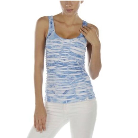 Last Tango Tank Top Double Scoop Top White Blue Ruched Pullover Womens Medium - Picture 1 of 7
